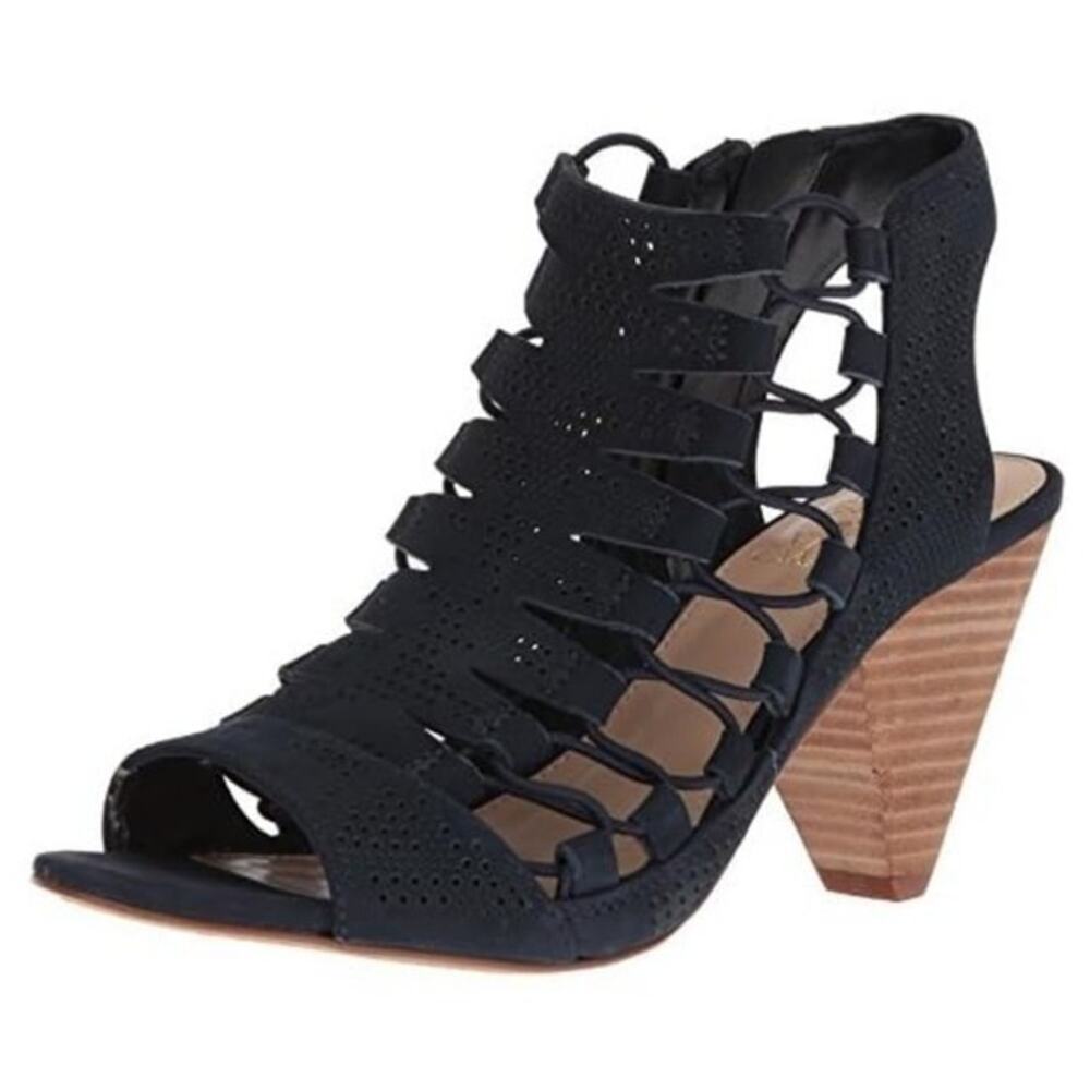 Vince Camuto Eliaz Black Gladiator Peep Toe Cone Heel Sandals 3.5” Boho Y2K Sexy
